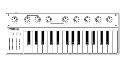 Minimalist line art illustration of a synthesizer keyboard. © A B I G A I L