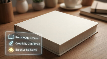 Fototapeta premium Mockup of a blank white book on a wooden desk with office supplies and potted plants in the background conveying knowledge and creativity