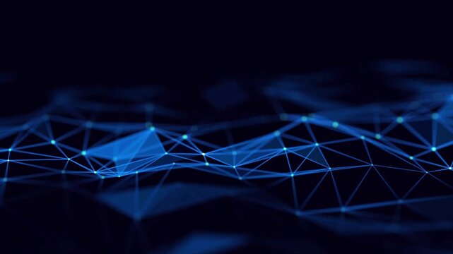 Abstract blue polygon network wave on dark background. Glowing nodes and connecting lines. Futuristic technology data flow. Motion graphics background. Seamless loop
