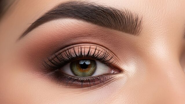 Close-up of a glamorous eye with expertly applied makeup and a lush brow
