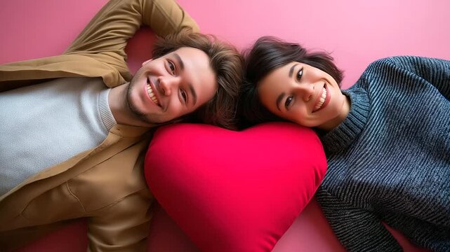 Top view of couple lying with big red heart, faceless flat lay Valentine composition, pink background romance, love celebration, creative photography angle, with copy space