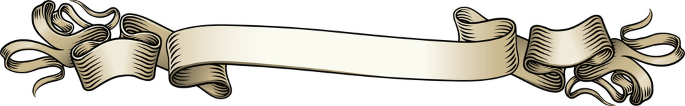 A scroll or banner ribbon paper parchment design element in a vintage woodcut etching style.