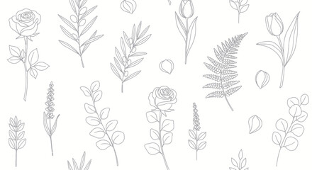 Fototapeta premium Delicate botanical line art pattern with various flowers and leaves.