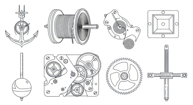 Set of intricate mechanical parts and clockwork mechanisms in line art style.