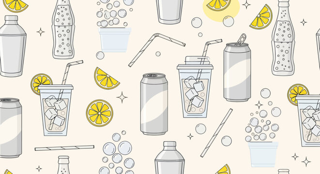 Seamless pattern of refreshing summer drinks with lemons and ice.