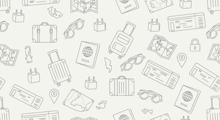 Travel themed seamless pattern with outline vector illustrations of vacation items. © A B I G A I L