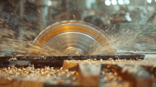 Circular saw blade cuts wood, sending sawdust flying in a dynamic workshop scene