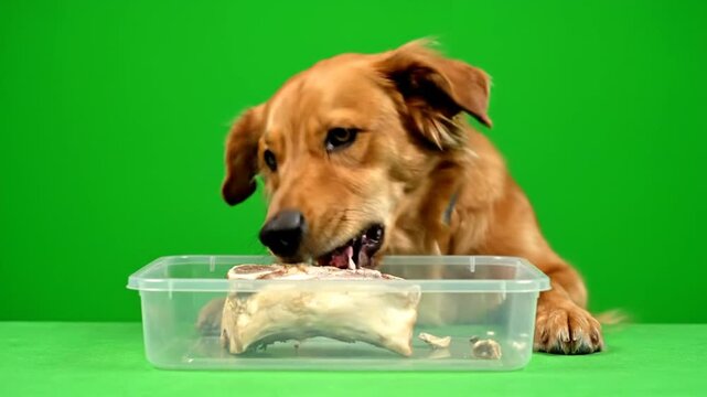 Dog Eating Bone from Plastic Container.