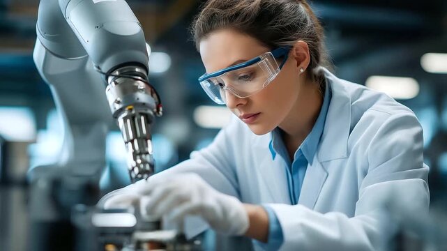 Female technician adjusting collaborative robot, faceless engineer in safety glasses, robotic arm programming, smart manufacturing, advanced automation technology, precision