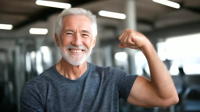 Joyful senior man showcasing exceptional fitness in gym, exemplifying active aging, elderly male athlete training, mature wellness dedication, older adult strength display,
