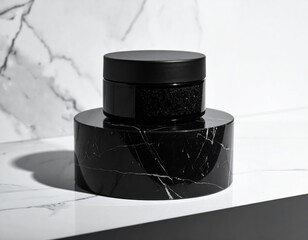 Elegant Still Life with Black Cosmetic Jar on Marble Stand