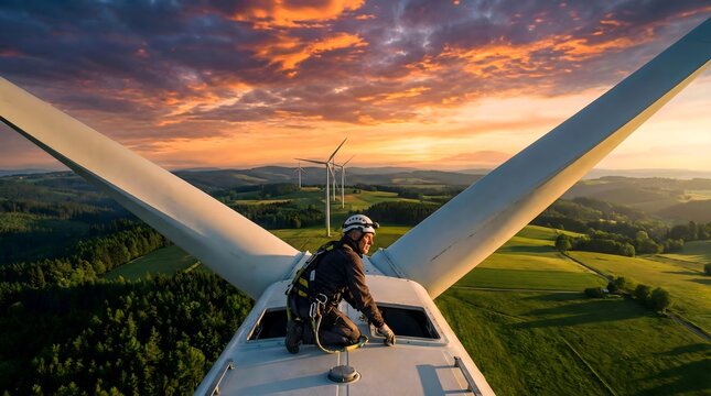 Technician performing maintenance on wind turbine at sunset