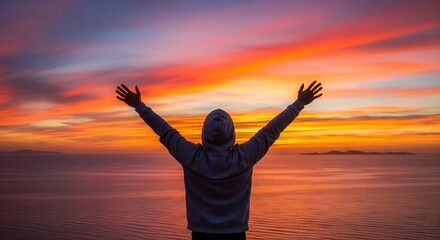 Fototapeta premium Person embracing freedom with arms outstretched at vibrant ocean sunset