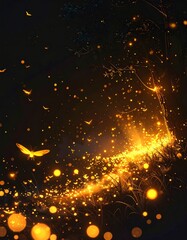 Abstract Swirl of Golden Glitter and Bird Silhouettes on Dark Background