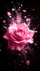 Exploding Pink Rose with Debris Against Black Background