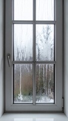 White Framed Window with Condensation Overlooking Trees in Hazy Weather