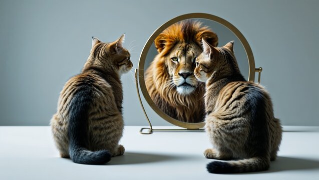 Cat looking into mirror with lion reflection, self image and confidence mindset concept for personal growth and leadership on minimal background with copy space