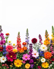 Vibrant Assorted Flower Border on White Background Botanical Arrangement