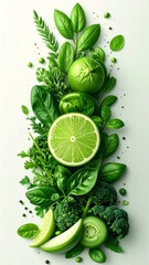 Arrangement of Green Vegetables and Fruits on White Surface Vertical