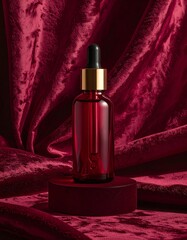Red Glass Bottle with Golden Lid on Red Velvet Pedestal Display