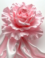 Elegant Pink Rose Blossom with Silky Ribbons on White Background