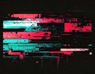 Glitchy Horizontal Lines with Pink Turquoise and Black on a Dark Background