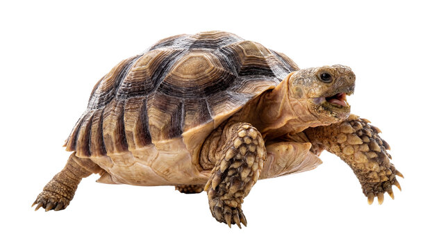 detailed photograph of a sulcata tortoise isolated against a transparent background, showcasing its rugged shell and scaly limbs in high resolution.