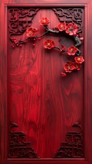 Ornate Red Wooden Panel with Carved Floral Accents and Intricate Borders