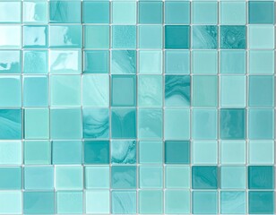 Aqua Square Mosaic Tiles with Glossy Surface and Grout Lines Pattern