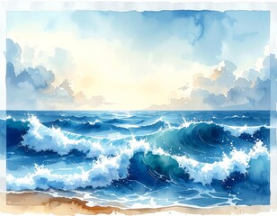 Watercolor Painting of Waves Crashing on a Sandy Beach with Cloudy Sky