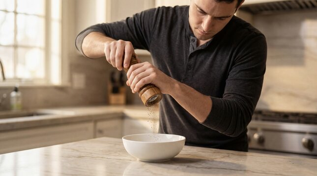 Man grinding pepper into a bowl in a kitchen setting. Culinary preparation for cooking or seasoning food. Healthy eating and home chef concept.