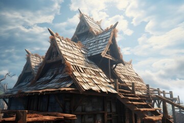 Fototapeta premium Rustic fantasy style wooden house showing detailed roof shingles and decorative elements under a cloudy sky