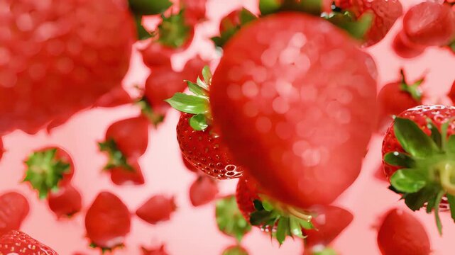 3D animation of fresh red strawberries falling and floating in the air, realistic berry motion graphics for healthy food, dessert, and breakfast concepts.