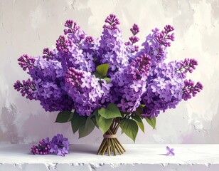 Vibrant Purple Lilac Bouquet on Textured White Surface in Bright Daylight