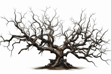 Fototapeta premium Twisted dead tree branches creating a spooky silhouette against a pure white background