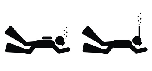 Stick figure man, silhouettes of scuba diving and scuba flippers. Snorkeling, scuba diver in the sea or waterpark and scuba gear. Water sport concept. Summer, beach idea. Travel sports. Diving tools. © MarkRademaker