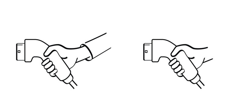 Hand hold a types electric vehicle plugs for AC and DC charging connector. Electric car charging plug. Sockets for electric car charging plug. Hybrid, EV connector. For CCS Type 2.

