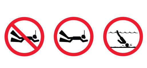 Low level water. Safety Signs. Shallow water, Water dive. No swimming, jumping or diving into water. Swimming pool rules. No diving area pool. Diving in the sea, river or waterpark. © MarkRademaker