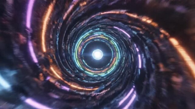 Colorful lights in a spiral pattern move around a bright center point in digital art creation