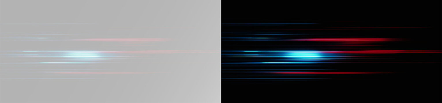 Abstract blue and red neon light stripes with glowing particles on split background overlay lines png