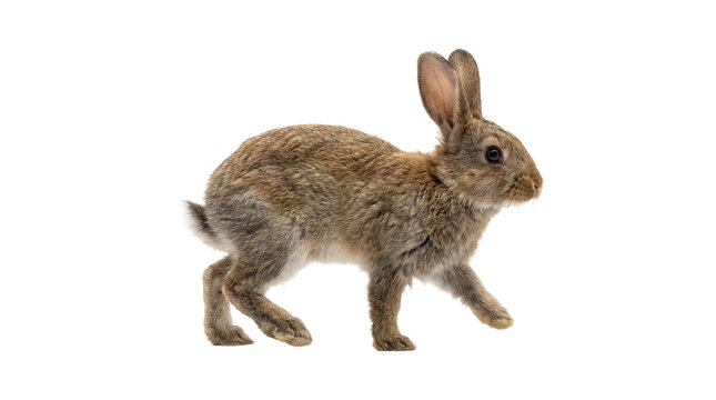 adorable fluffy rabbit with long ears running in profile on a transparent background, captured in a studio photograph for commercial use.