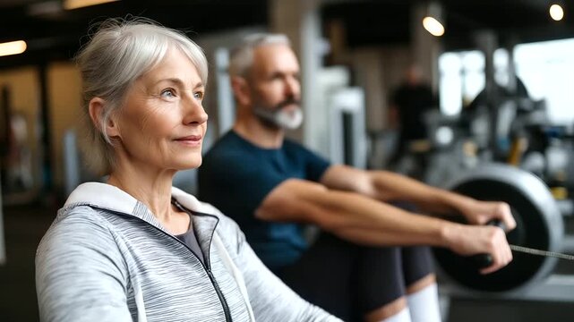 Energetic senior engaging in rowing workout, gym instructor nearby, elderly fitness training, mature cardio exercise, indoor rowing machine session, active aging activity,