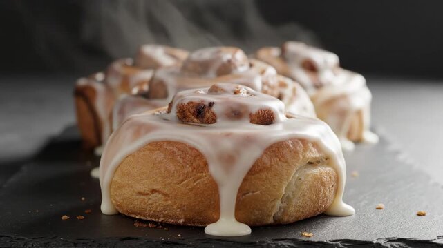 Freshly baked cinnamon rolls with creamy icing dripping down, placed on a dark slate surface with steam rising, highlighting their warm and inviting appearance