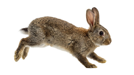 a wild rabbit in motion, captured mid-stride against a stark transparent background, showcasing its brown fur and alert posture. © Jennafer