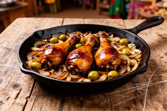 Rustic Cast Iron Skillet of Senegalese Chicken Yassa with Caramelized Onions, Green Olives and Warm Home-cooked Comfort