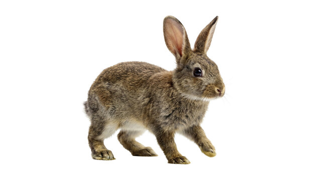a fluffy brown baby rabbit with long ears and a curious expression, captured in a studio setting on a transparent background, highlighting its soft fur and delicate features.