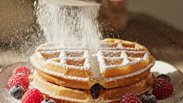 Powdered sugar dusts a stack of golden waffles with fresh berries on a plate