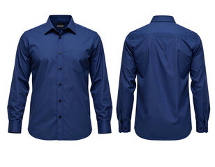 Front and back views of a long-sleeved, button-down shirt in a solid, deep blue color, on black