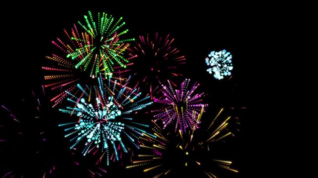 Colorful Digital Fireworks Loop Background on Black, Vibrant Particle Explosion, 4K Seamless
