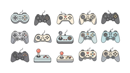 Collection of vector video game controllers and joysticks in flat design style. © alesana